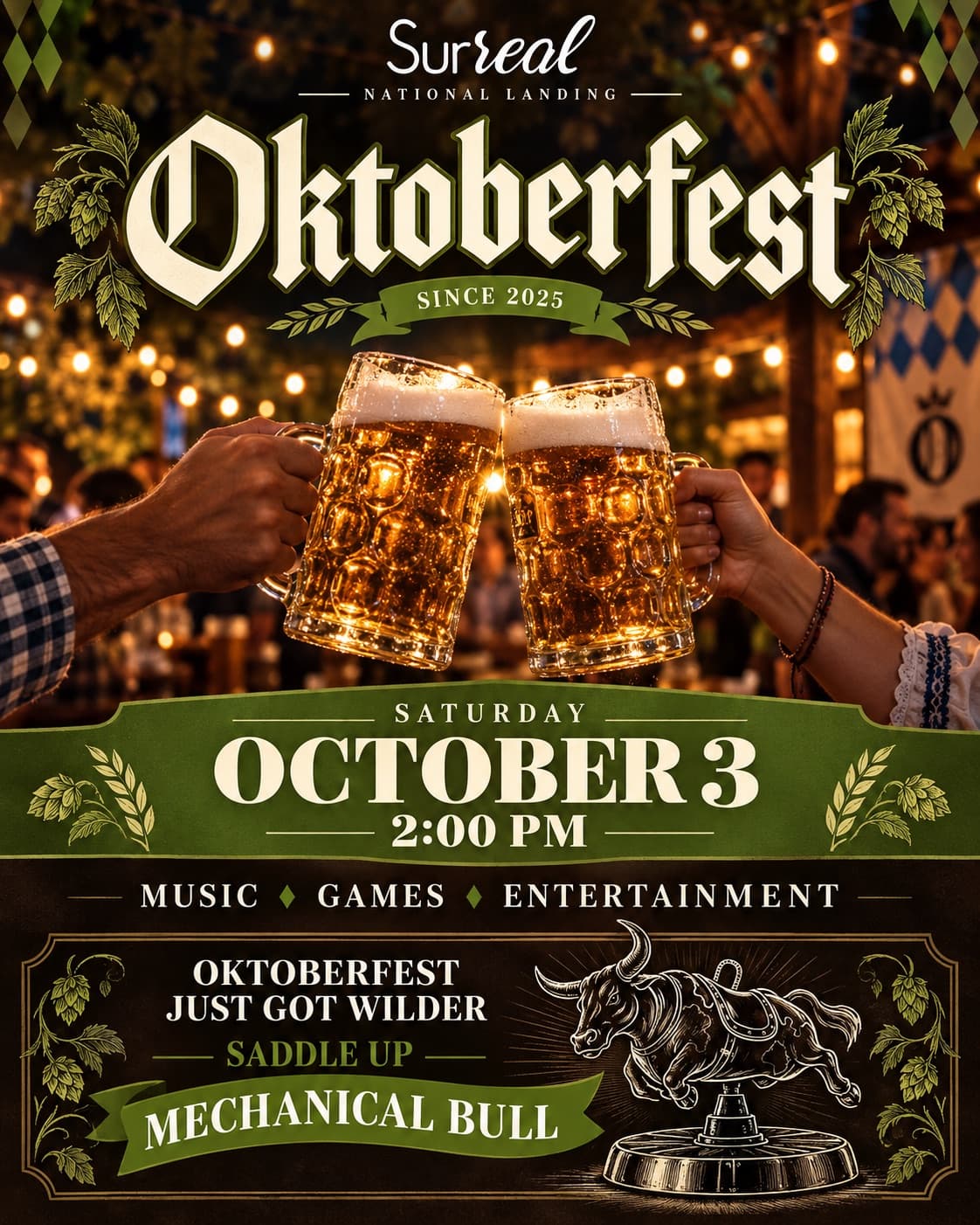 Oktoberfest at Surreal, National Landing — Saturday October 3, 2026 from 2:00 PM, with music, games, entertainment and a mechanical bull