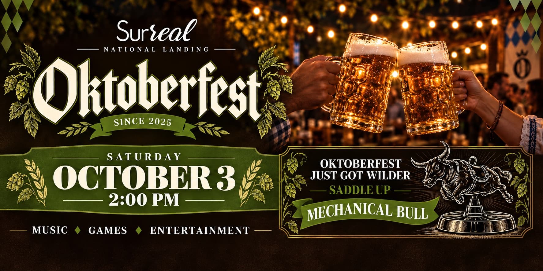 Oktoberfest at Surreal — Saturday, October 3, 2026, from 2:00 PM, with music, games, entertainment and a mechanical bull