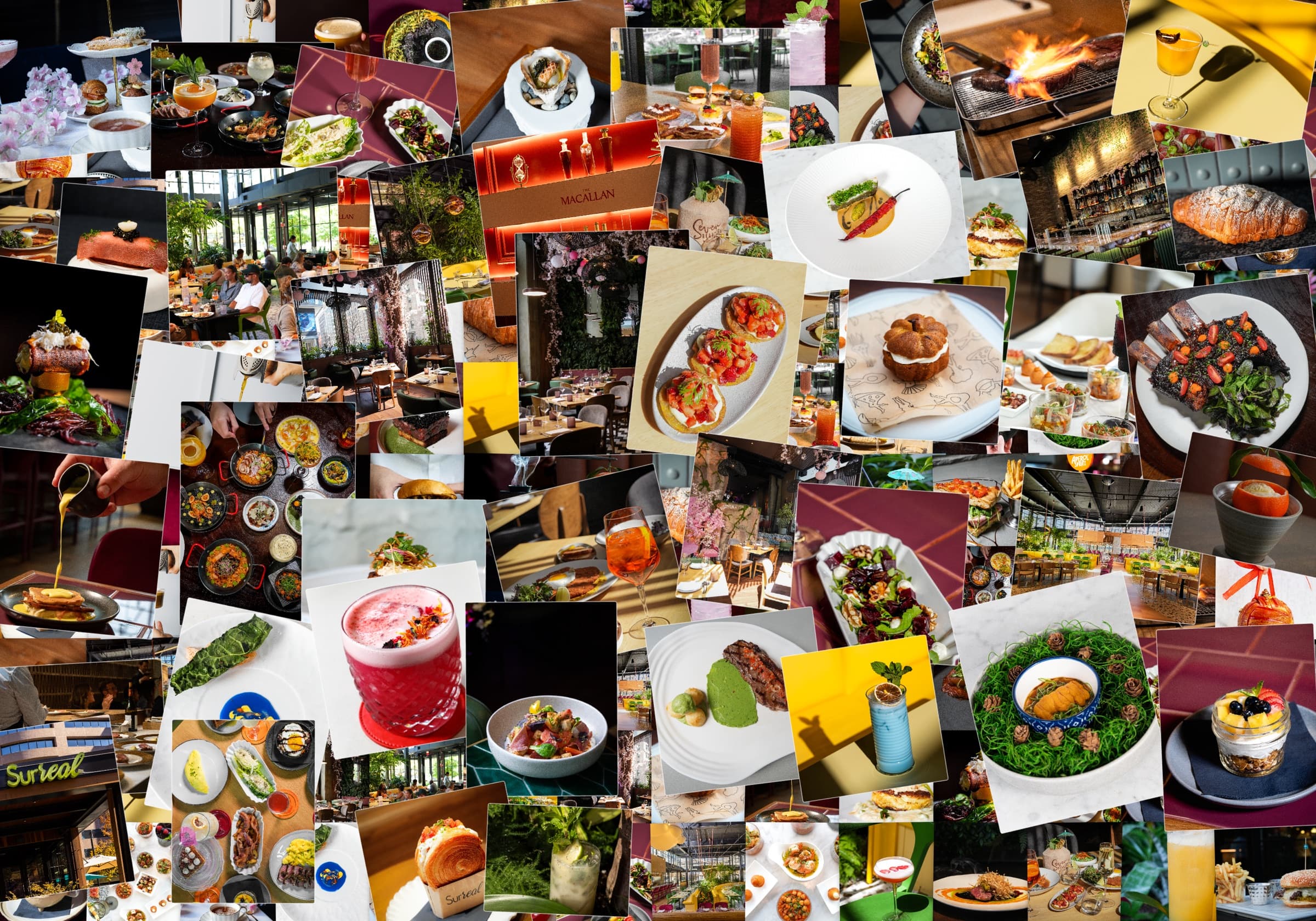 A collage of dishes and rooms across Seven Reasons Group
