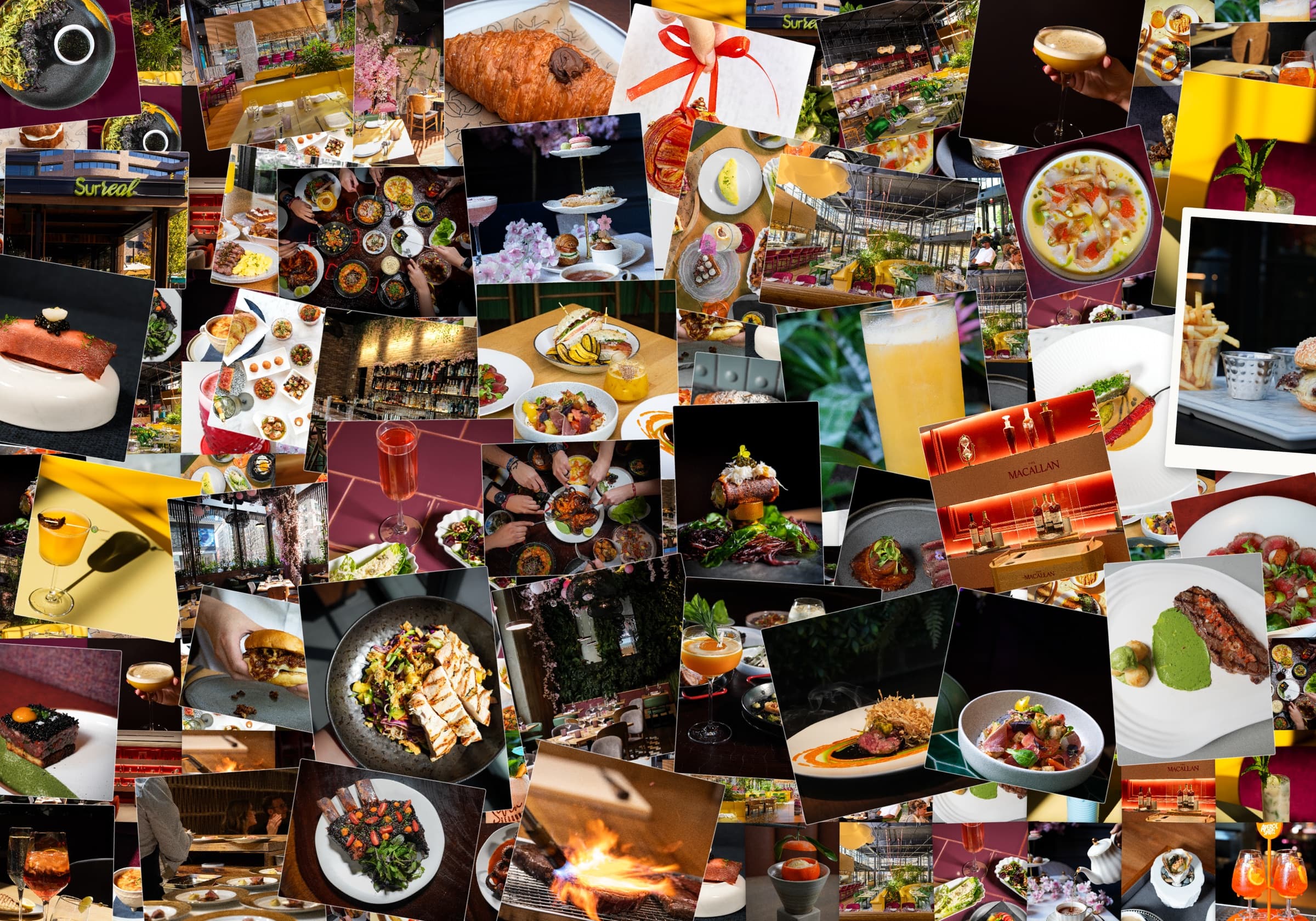 A collage of dishes and rooms across Seven Reasons Group