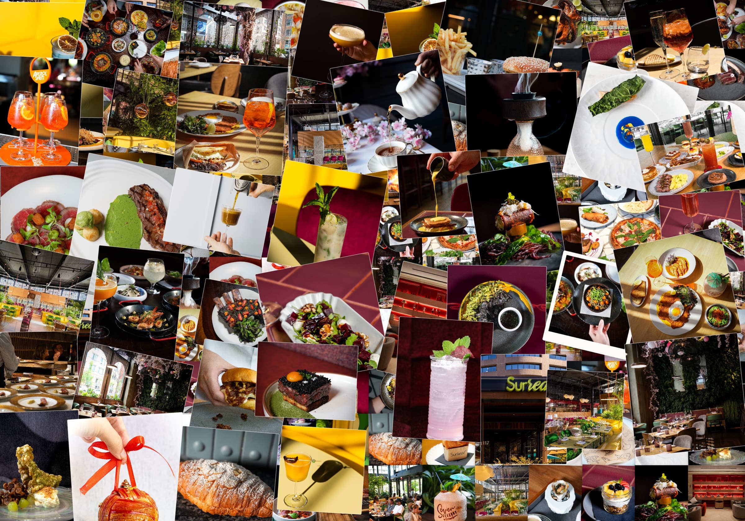 A collage of dishes and rooms across Seven Reasons Group